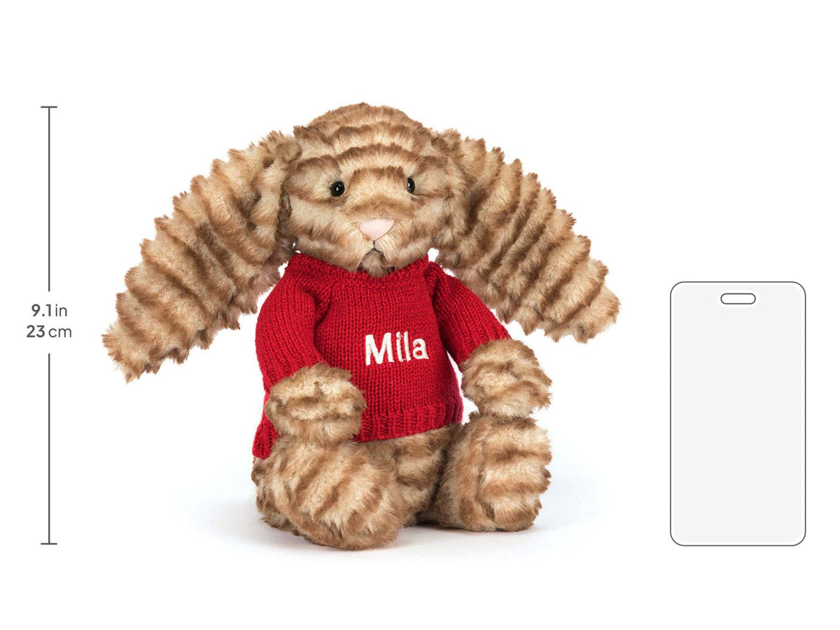 Bashful Luxe Bunny Juniper with Personalized Red Jumper, size chart