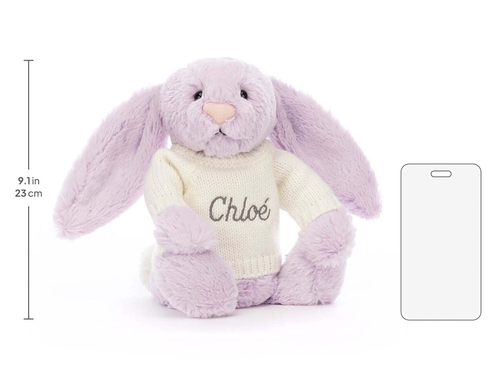 Bashful Lilac Bunny with Personalized Cream Jumper, size chart