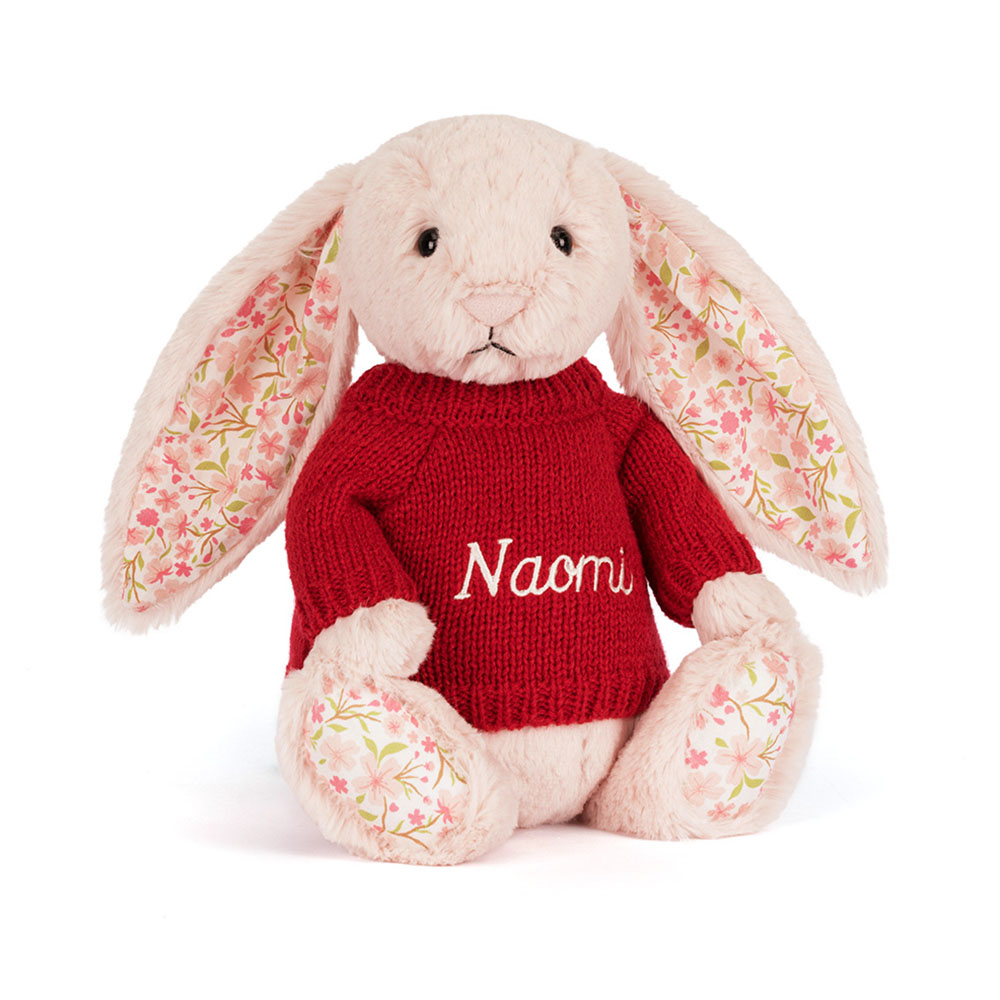 Blossom Blush Bunny 'Cherry' with Personalised Red Jumper, Main View