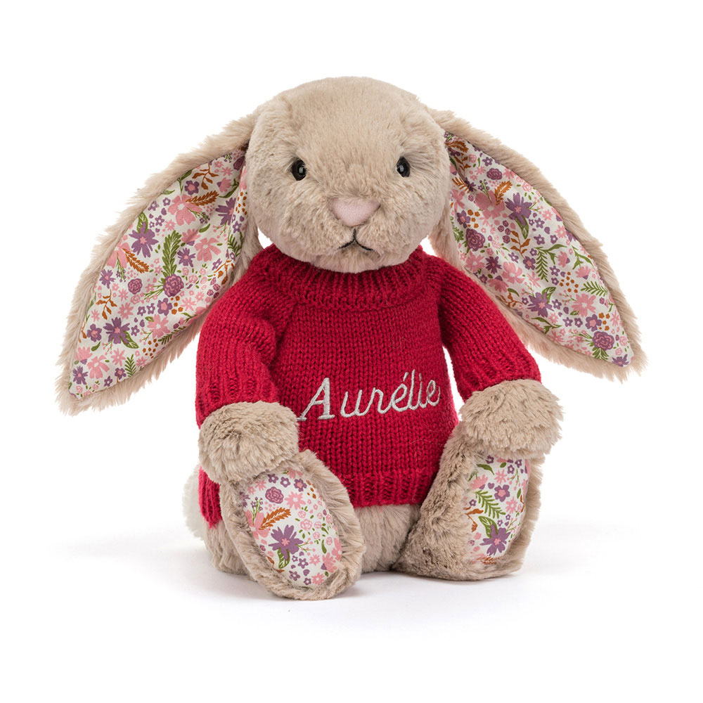 Blossom Beige Bunny 'Petal' with Personalised Red Jumper, Main View