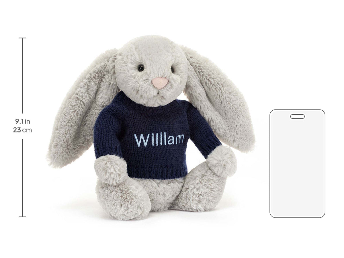 Bashful Silver Bunny with Personalized Navy Jumper, size chart