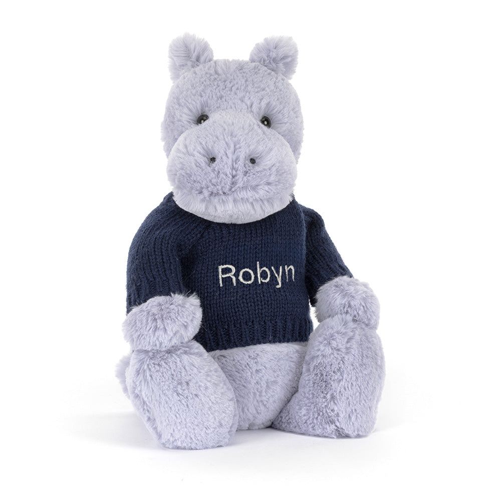 Bashful Hippo with Personalised Navy Jumper, Main View