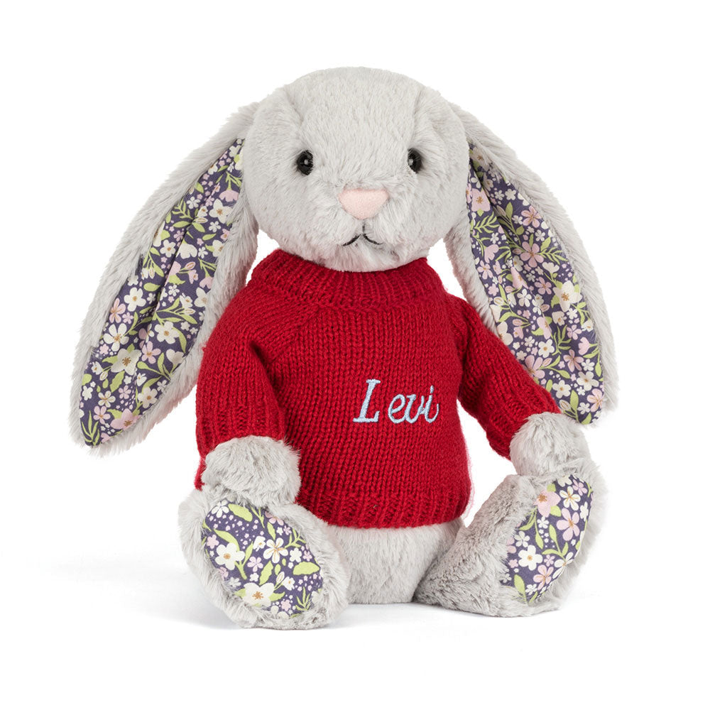 Blossom Silver Bunny 'Bloom' with Personalised Red Jumper, Main View