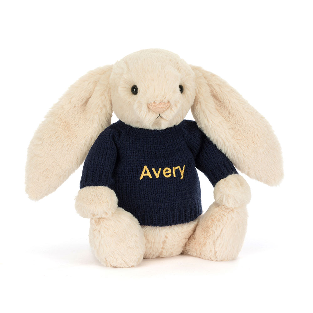 Bashful Luxe Bunny Willow with Personalised Navy Jumper, Main View