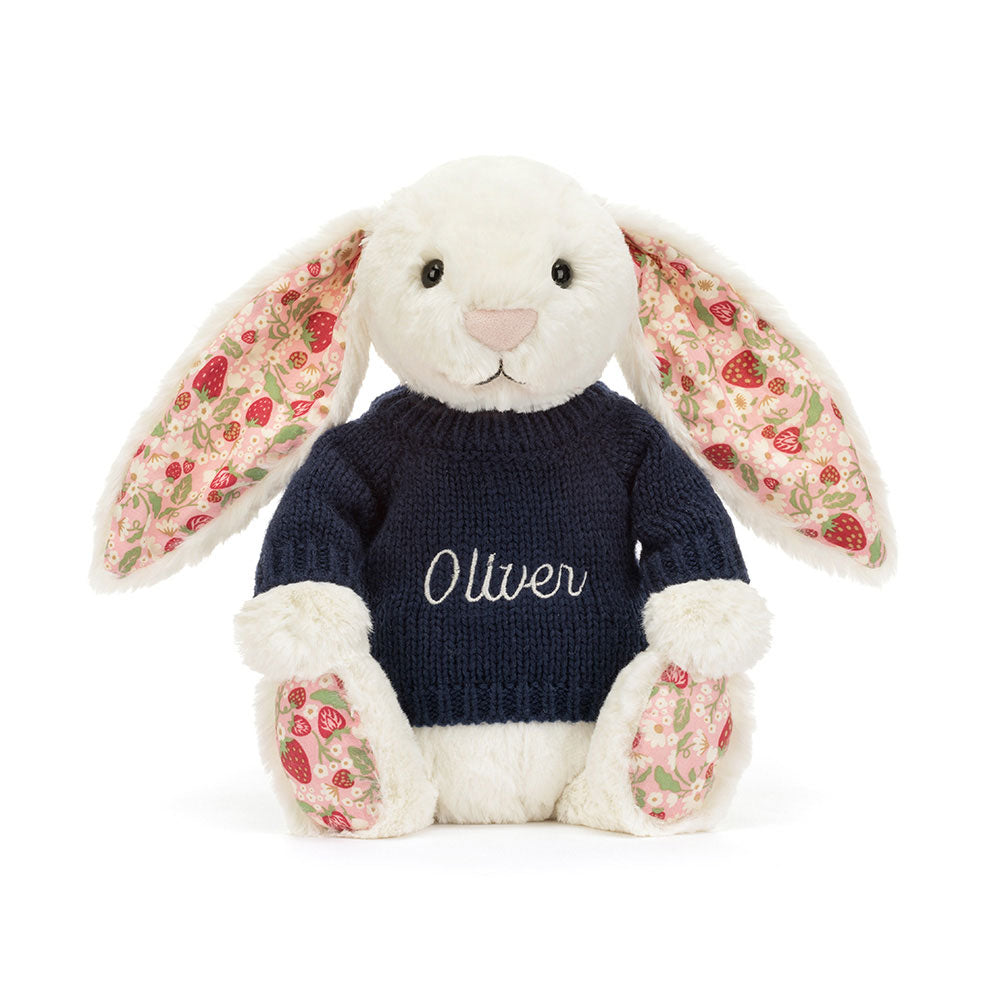 Blossom Cream Bunny 'Berry' with Personalised Navy Jumper, View 4