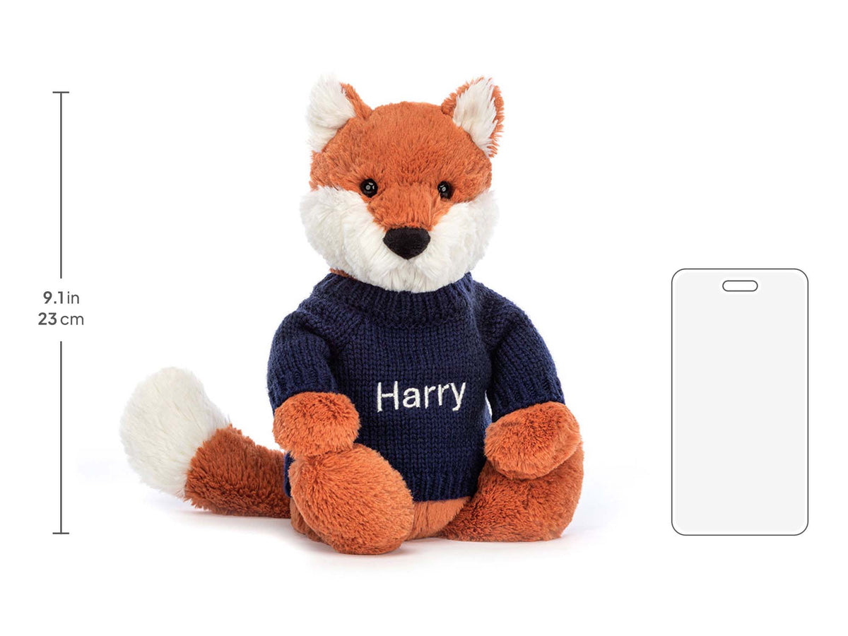 Bashful Fox Cub with Personalized Navy Jumper, size chart