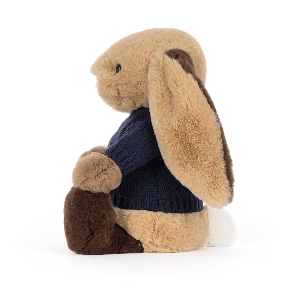 Bashful Patchwork Brown Bunny with Personalised Navy Jumper, View 2
