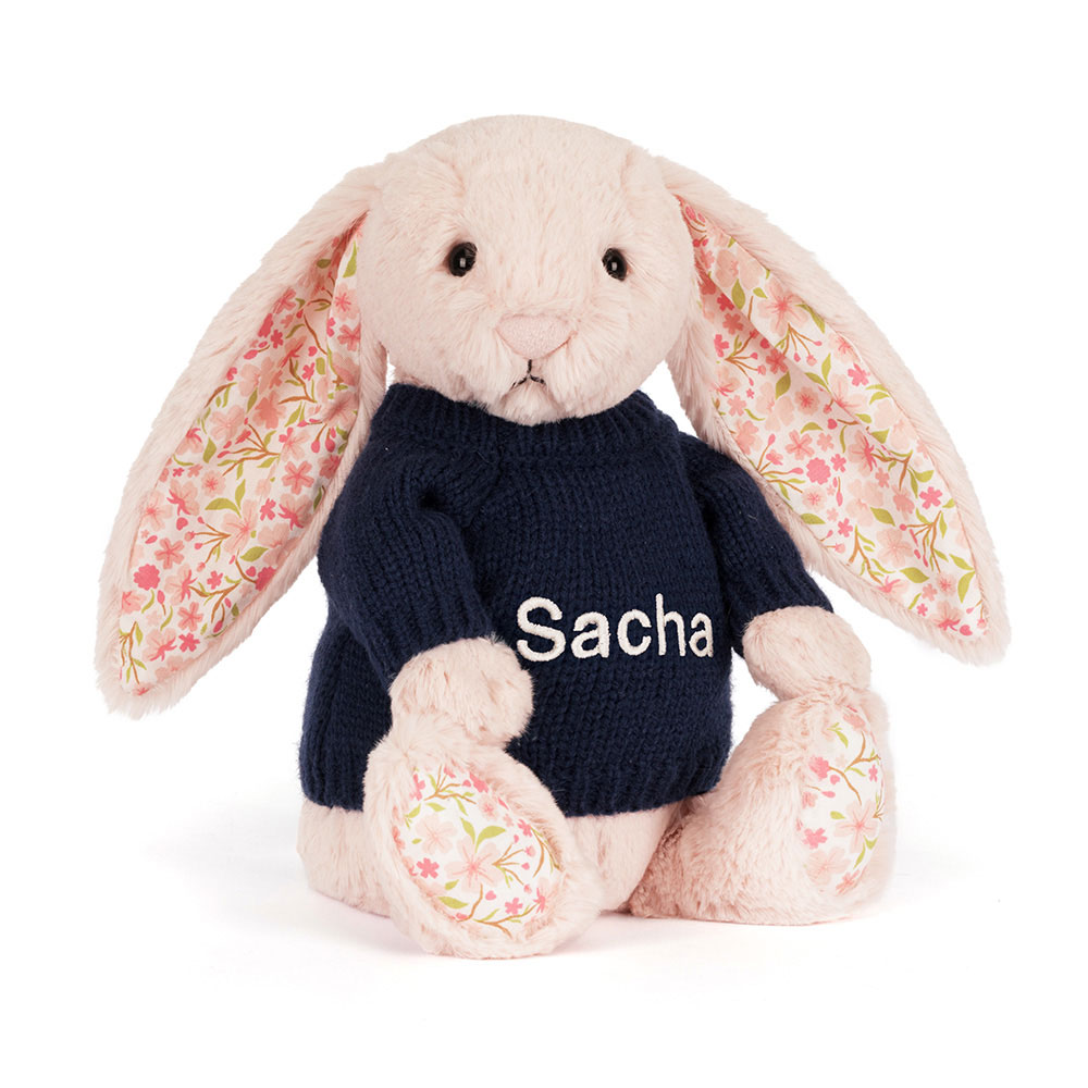 Blossom Blush Bunny 'Cherry' with Personalised Navy Jumper, Main View